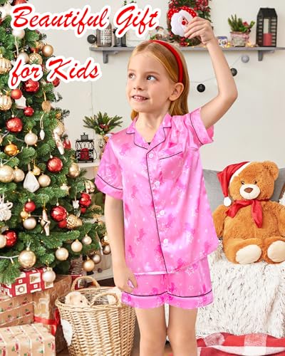 Kids Girls Pajama Set Silky PJS Button-Down Sleepwear Nightwear Loungewear Clothes Set Gifts2