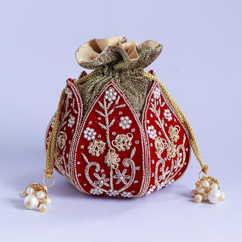 Image of THE TAN CLAN Pushp Zardozi Embroidered Mini Lotus Potli Bag - Handcrafted Silk Pouch with Intricate Zardozi & Lotus Design for Weddings, Bridal Accessories, and Special Occasions
