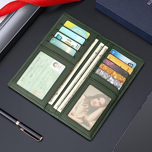 VANNANBA Long Slim Wallet for Men RFID Blocking Leather Checkbook Wallet,Thin Bifold Credit Card Holder with ID Window & Gift Box(Green Army)2