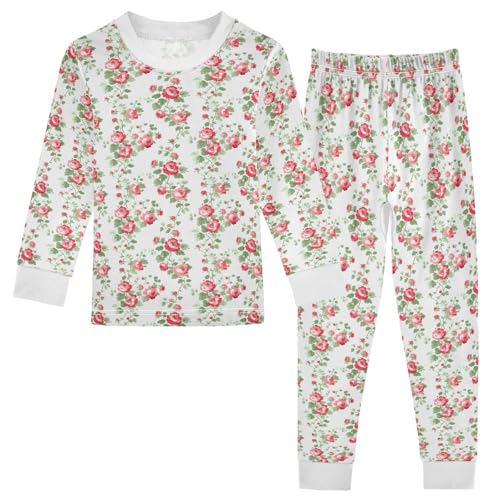 Cartoon Pajamas Set Green Leaves Red Flower Pattern Long Sleeve PJs Cotton Jammies Sleepwear Top and Pants