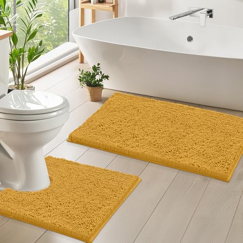 LuxUrux Bathroom Rugs Sets 2 Piece: Quick Dry, Soft Plush Anti-Slip, Super Absorbent. Includes Rectangular (31x20 inches) & U-Shaped Toilet Mat (20x20 inches) | Mustard