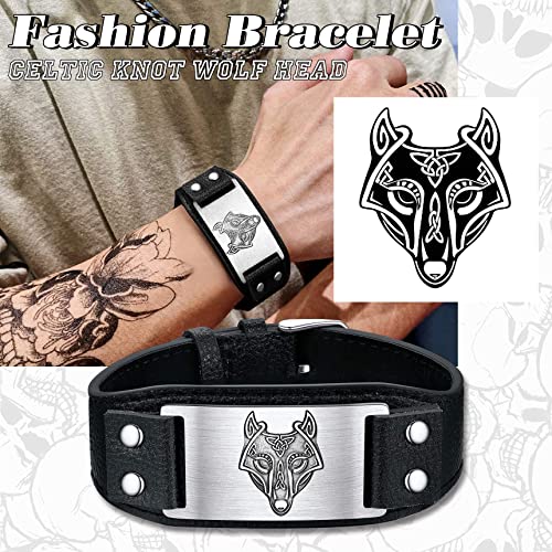 Punk Mens Leather Viking Wolf Head Bracelets For Men Boys Cool Stainless Steel Viking Bracelet Wolf Fenrir Tag Adjustable Leather Cuff Bracelets, Vintage Nordic Men Fashion Wrist Jewelry #TOP2