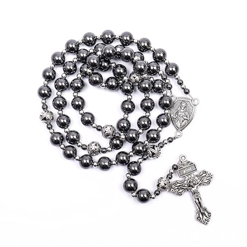 Image of Nazareth Store Hematite Rosary Black Stone Beads Necklace Metal Beaded Silver-Plated Medal & Cross for Men NS