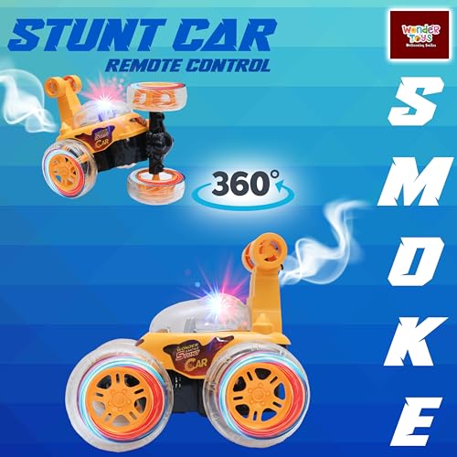 Image of Wonder Stunt Rc Car | Smoke Function and Led Lights | Abs Plastic Body | 360 Degree Spinning Wheels Rechargeable Battery Type C Charging | Remote Control Toy for Kids - Yellow