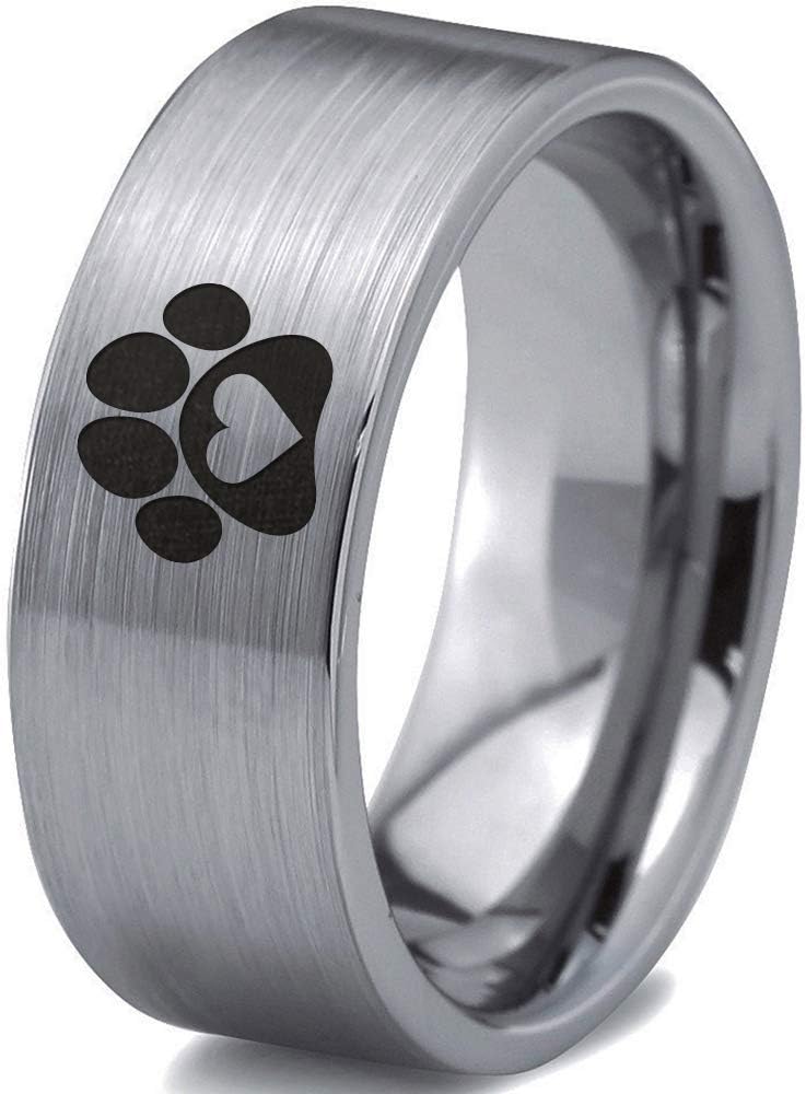 Animal Paw Print Heart Ring - Tungsten Band 8mm - Men - Women - 18k Rose Gold Step Bevel Edge - Yellow - Grey - Blue - Black - Brushed - Polished - Wedding - Gift Dome Flat