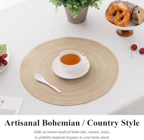 SHACOS 15 inch Round Placemats Set of 6, Cotton Polyester Woven Braided Place Mats, Washable Heat Resistant Non Slip Table Mats for Kitchen Dining Table (Beige, 6) — view 3