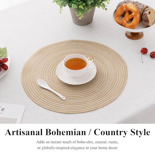 Image of SHACOS 15 inch Round Placemats Set of 6, Cotton Polyester Woven Braided Place Mats, Washable Heat Resistant Circle Table Mats for Dining Table (Beige, 6)