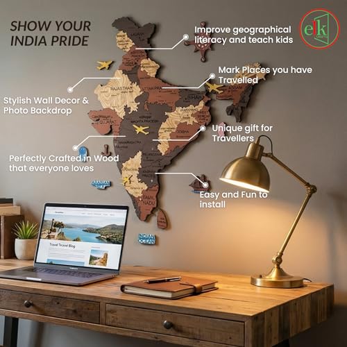 Image of Elk Wooden 3D India Map Wall Decor With All State Names and Capital Cities, Perfect Home Office Wall Decor for Travel Enthusiasts | Size : XXL(180x164 CM)