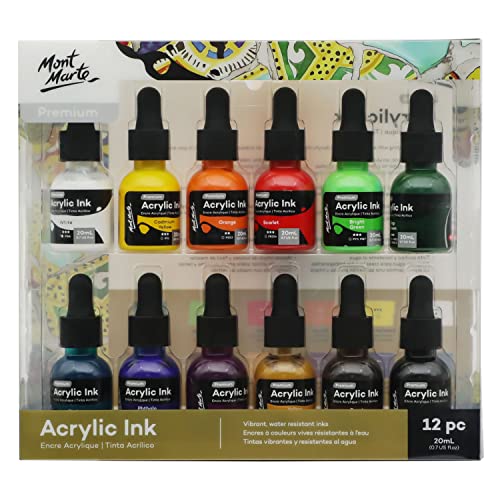 Mont Marte Acrylic Ink Premium 12Pc X 20Ml (0.7 Us Fl.oz), Acrylic Inks For Artists, Essential Colors, Ideal For Air Brush, Pouring Art, Scrapbooking, Ink Drawing, Mixed Media #TOP25