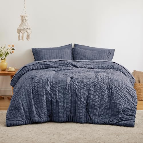 Love'S Cabin CUSA23L1PJTEPNQU Seersucker Navy Blue Queen Comforter Set 7 Pieces thumb #1