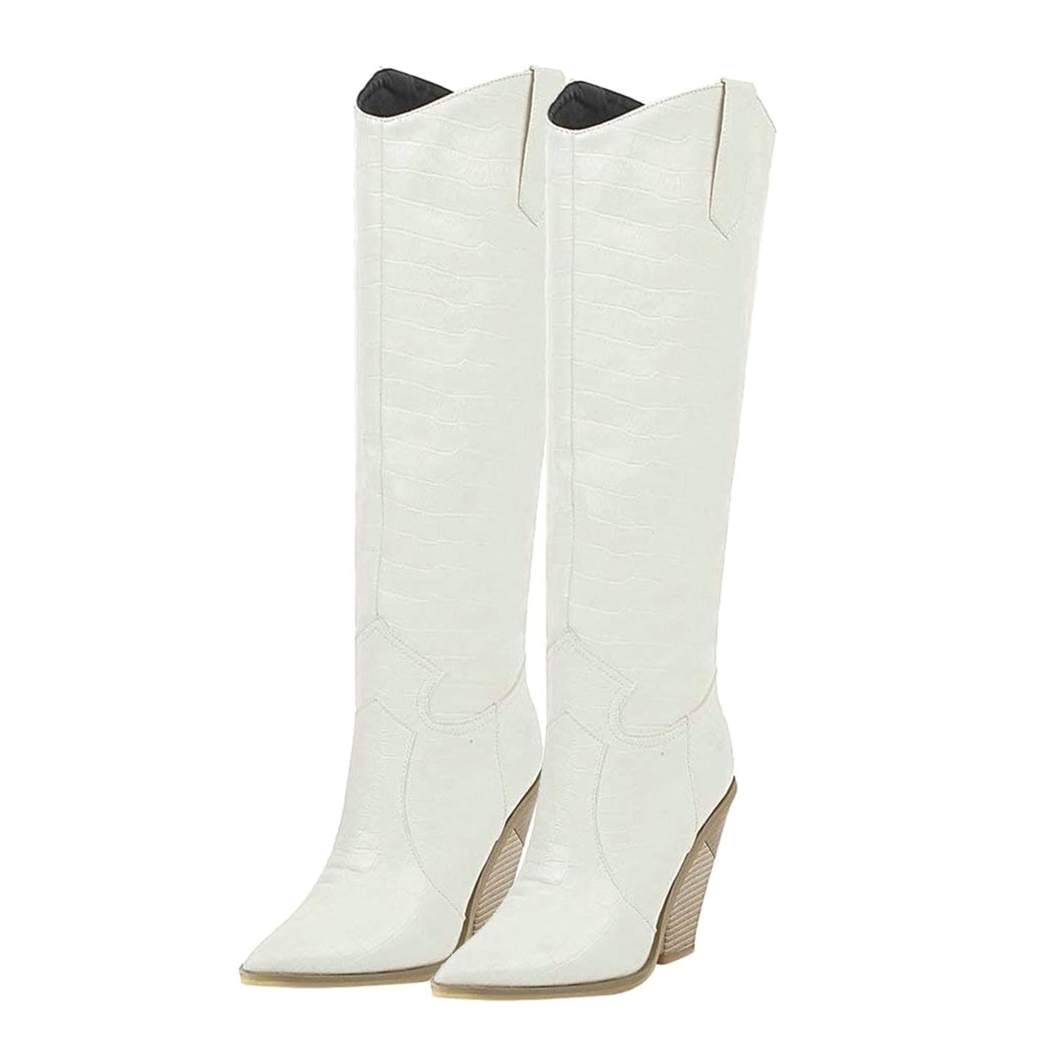 Bellirala Womens Stacked Chunky Heels Cowgirl Boots Knee High Pointed Toe Cowboy Boots