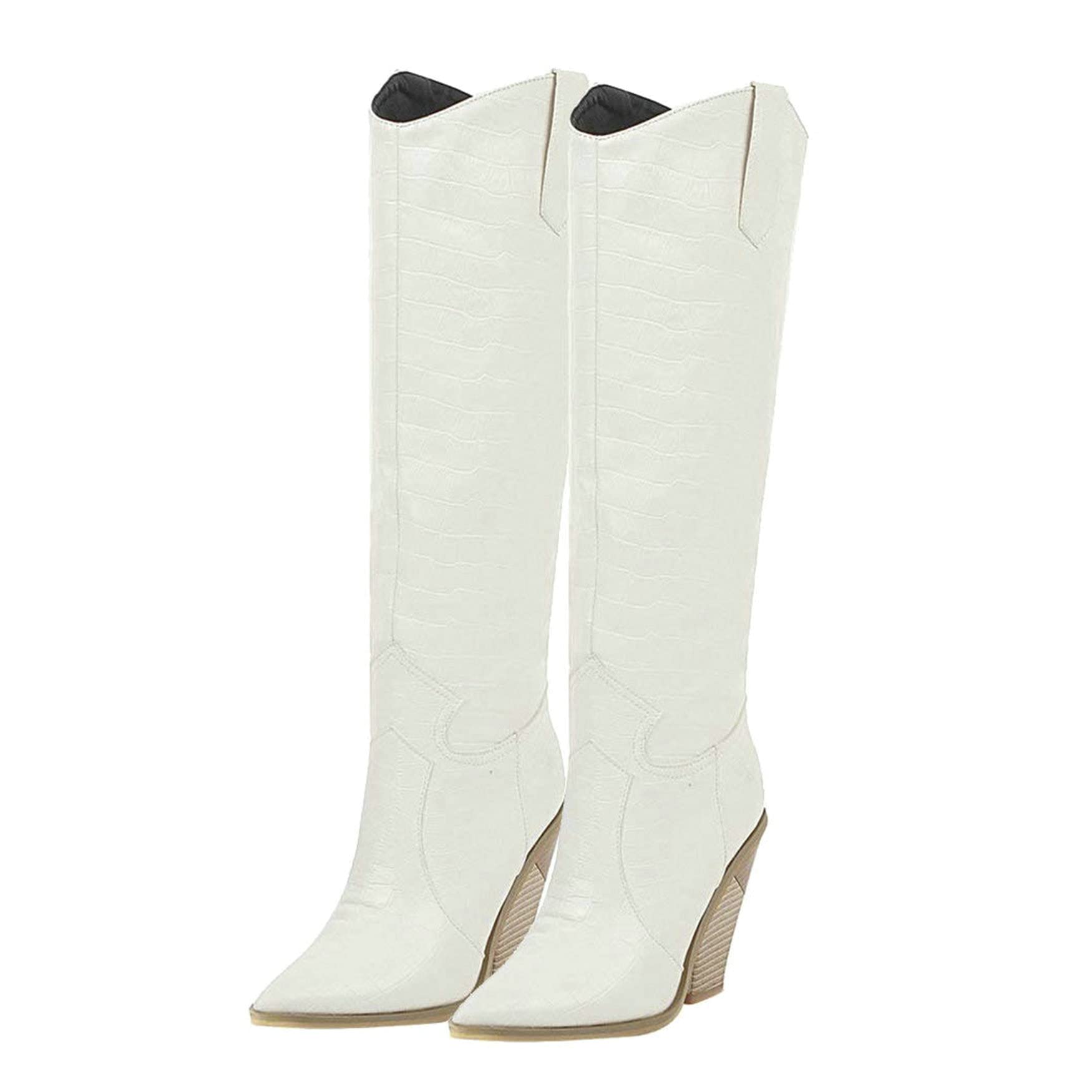 Bellirala Womens Stacked Chunky Heels Cowgirl Boots Knee High Pointed Toe Cowboy Boots