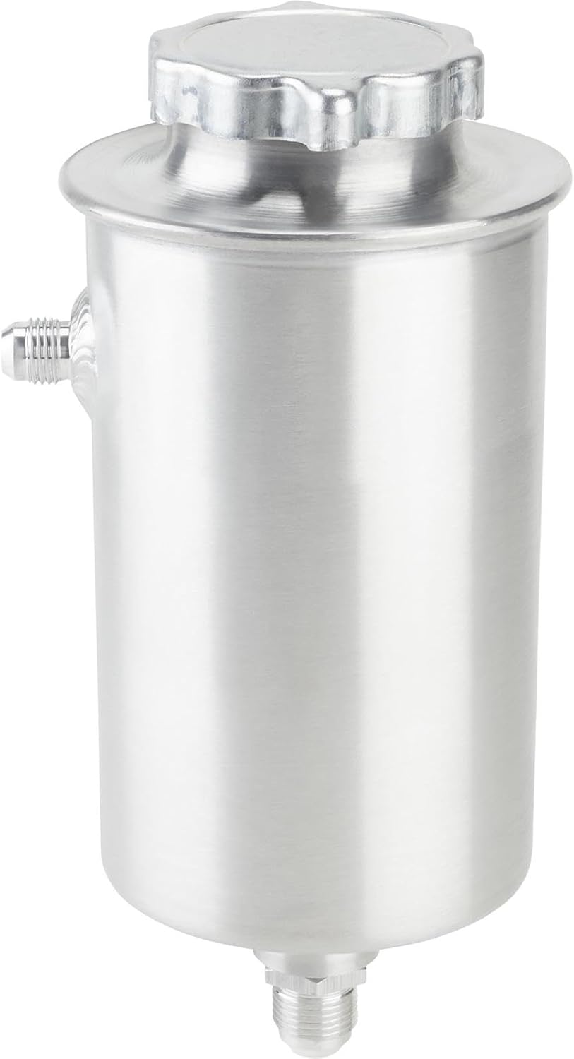 Speedway Motors Vertical Power Steering Reservoir Tank with AN6 Return and AN8 Outlet, Remote-Mount Aluminum Fluid Tank with Vented Cap for High-Performance Steering Systems