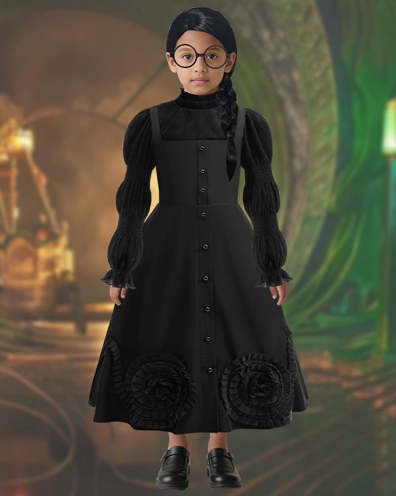 LZH Witch Costume for Girls Halloween Costume for Kids Black Halloween Dress with wig and Glasses for Cosplay Outfit 4-12Y - Image 2