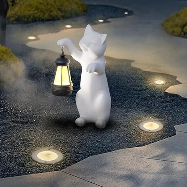 Solar Powered Garden Resin Statue Lights, 10 Inch Waterproof Outdoor Animal Cute Cat Figurine Lights, Suitable for Patios, Balconies, Lawns, Courtyards, Etc (Hand)