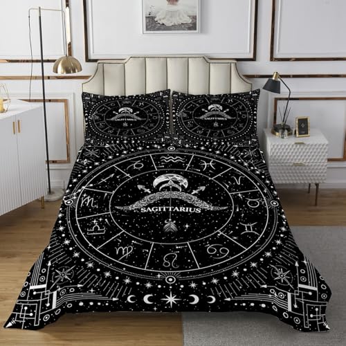 Feelyou Zodiac Coverlet Set Queen Size Sagittarius Bedspread for Kids Boys Girls Teens Moon Star Pattern Bedding Set Universe Cloud Galaxy Bed Cover 3Pcs