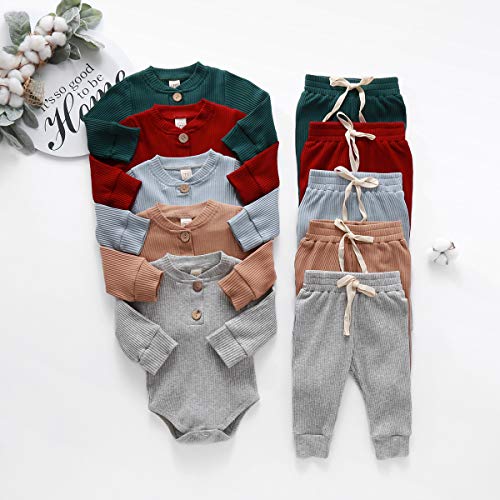 Aweyoo Newborn Unisex Baby Winter Clothes Set Baby Girl Boy Clothes Solid Long Sleeve Romper Bodysuit Tops Pants 2Pcs #TOP6