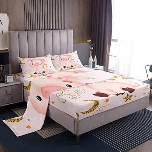 Feelyou Pig Bed Sheet Set Cute Cartoon Pig Bedding Set Lovely Animal Fitted Sheet Sun Moon Pattern Flat Sheet for Kids Boys Girls Adults 4Pcs with 2 Pillow Case Full Size