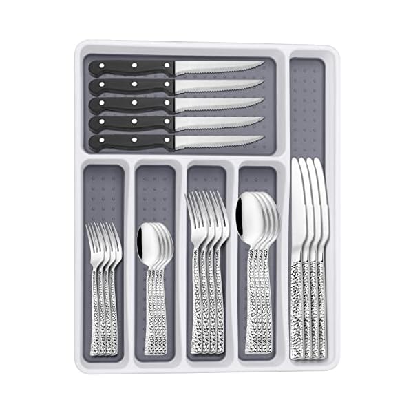 Hammered Silverware Set with Organizer, 49 Piece Stainless Steel Flatware Set for 8, Eating Utensil Sets with Steak knives, Cutlery Tableware Service Include Fork Knife Spoon Set, Mirror Polished