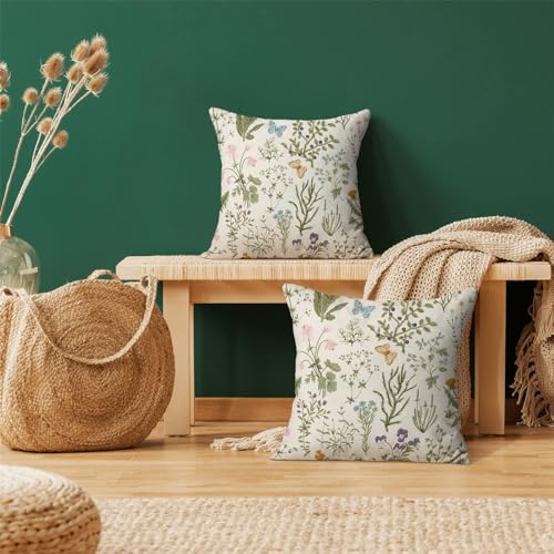 Image of AEIOAE Spring Pillow Covers 24x24 Inch Set of 2,Sage Green Wild Flower Plant Throw Pillows Case,Seasonal Floral Outdoor Decorative Square Linen Farmhouse Decor Cushion Covers for Home Sofa Bed Couch