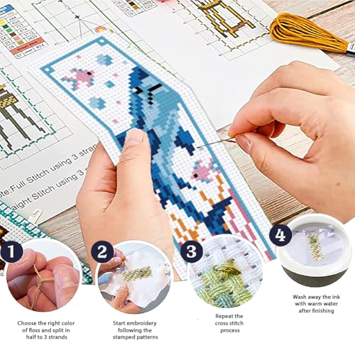Image of ACRNIGHEET 6PCS Cross Stitch Bookmark Kits Marine Animals Pattern Stamped Cross Stitch Kits for Beginners Adults DIY Stamped Embroidery Bookmarks with Instructions Hand Embroidery Craft Gift 11CT