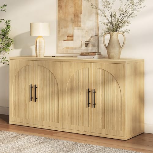 Image of MapleGrace 63 inch Fluted Buffet Cabinet, Oak Credenza with Adjustable Shelf