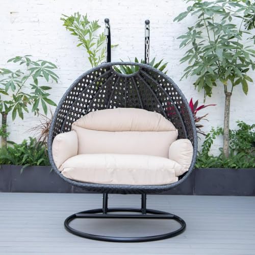 Image of Double Seater Hammock Swing Chair with Stand & Cushion | Heavy Duty Powder Coated Steel Frame | Outdoor Indoor Hanging Swing for Patio Balcony Garden Terrace Living Room (DARK.GREY-OFF.WHITE)