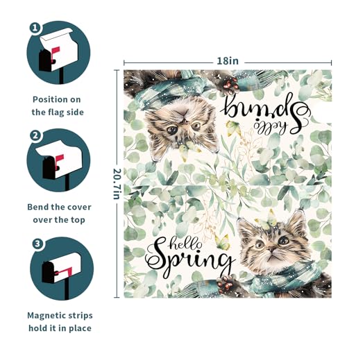 Image of Hello Spring Cat Magnetic Mailbox Cover 21 inchx18 inch Watercolor Sage Green Eucalyptus Leaf Kitten Butterfly Mailbox Wrap Post Cover Standard Size for Garden Yard Outdoor Outside Decor