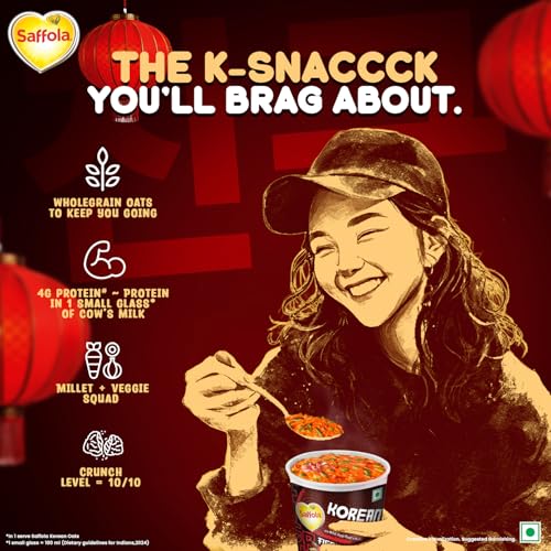 Image of Saffola Korean Cuppa Oats, Fiery Hot, with chilli dressing sachet, No added preservatives, Ready in 4 mins, 56g (Pack of 2)