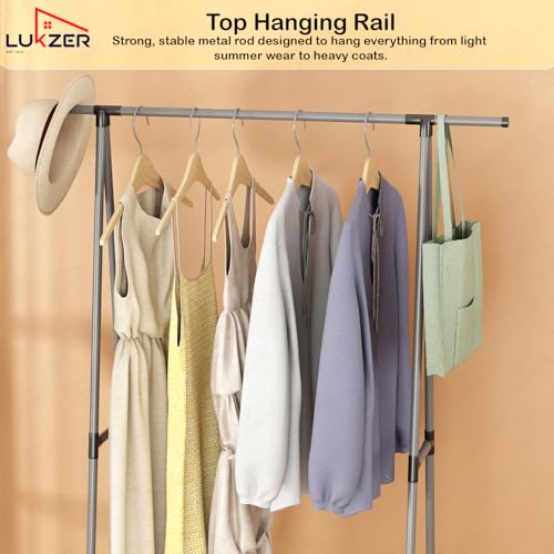 Image of Lukzer A-Shape MGR-010 /Grey Garment Rack with 2 Bottom Shelves | Multipurpose Coat Hanger & Clothes Organizer Stand | Space Saving Clothing Display for Bedroom, Entryway, Living Room (160x55x42cm)