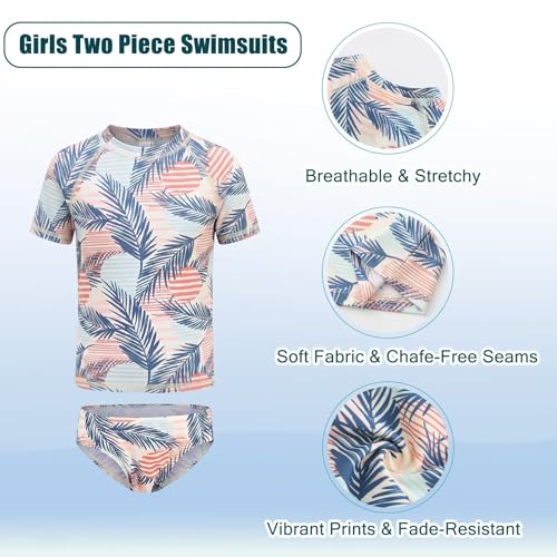 Image of Girls Two Piece Swimsuits Short Sleeve Rash Guard Swim Shirt Bikini Bottom Swim Set Bathing Swim Set Swimwear 3-16 Years
