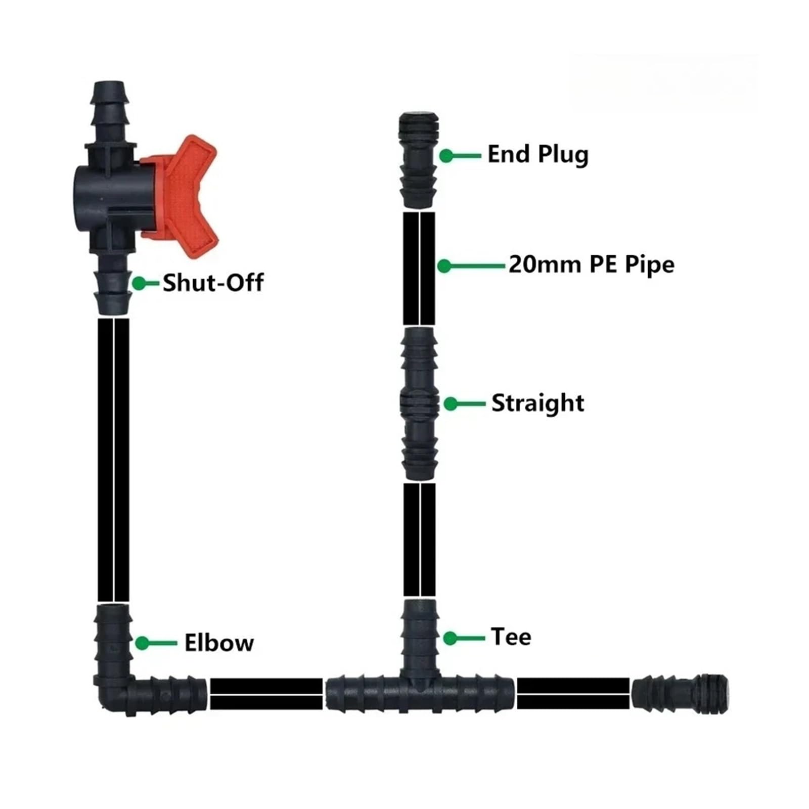 Junta de tubería de PE, conector de codo recto en T de 16mm, 20mm y 25mm, conector de manguera de riego por micropulverización for riego de invernadero(Tee,20mm,50 pieces)