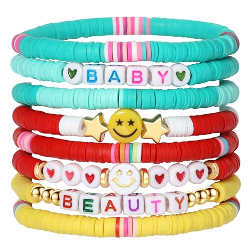 Image of Preppy Bracelets Set Colorful White Gold Smile Heart Star Polymer Beaded Pearl Clay Stackable Charm Y2K Kidcore Aesthetic Summer Beach Bohemian Stretch Layering Bracelets Jewelry for Girls Women Teens