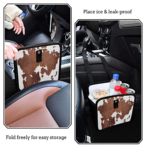 Image of Cow Print Car Trash Can White Brown Animal Skin Foldable Hanging Car Trash Bag Bin Auto Garbage Can Leak-Proof Car Organizer(Large)