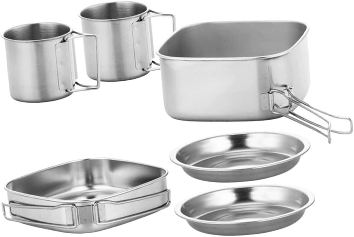 1set Camping Cookware Stainless Steel for Outdoor Use Includes Frying and Stew Pots Plates and Cups Lightweight and Portable Camping Cooking Equipment
