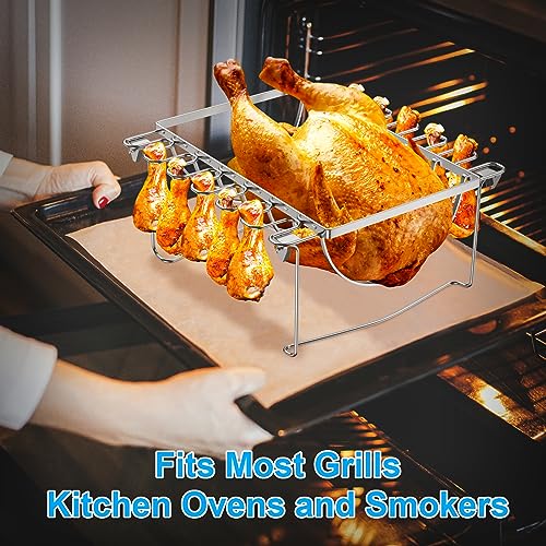 Image of SafBbcue Thanksgiving 3 in 1 Grill Rib Racks & Chicken Leg Holder, Smoker Accessories Rack Holds 1 Whole Chicken, 12 Slots Chicken Leg, 6 Large Ribs Turkey Rack Chicken Leg Rack for Thanksgiving