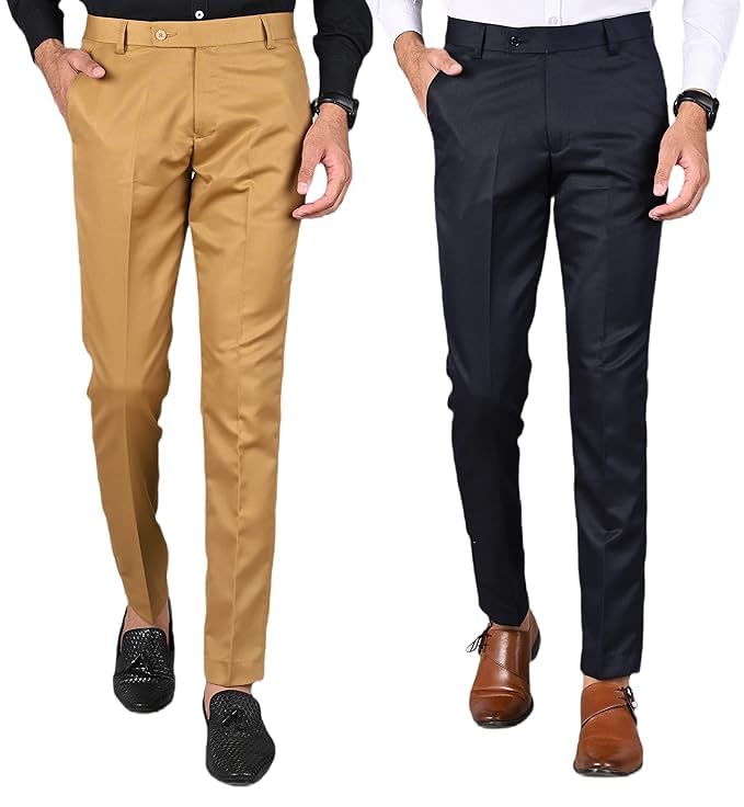 Men's Slim Fit Formal Trousers, Khaki and Navy Blue, Pack of 2-picture-32