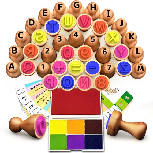 Image of UdoUto ‌Wooden Alphabet & Number Stampers Set with 7-Color Ink Pad | ABCs 123s Learning Stamps & Flashcards | Preschool Homeschool Classroom Supplies Gift for Ages 3+