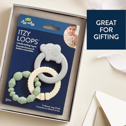 Image of Itzy Ritzy Itzy Loops Silicone Sensory Teether - Includes 2 Soft Textured Teething Rings & 1 Link - Easy to Hold for Babies - Attaches to Stroller, Car Seat & More - BPA-Free - Elephant Design
