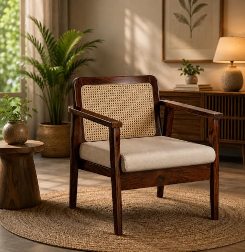 Image of LSGF Mangz Wooden Lounge Chair with Rattan Cane Back | Solid Wood Accent Chair with Cushion | Mid Century Modern Armchair for Living Room, Bedroom & Office (Dark Walnut)