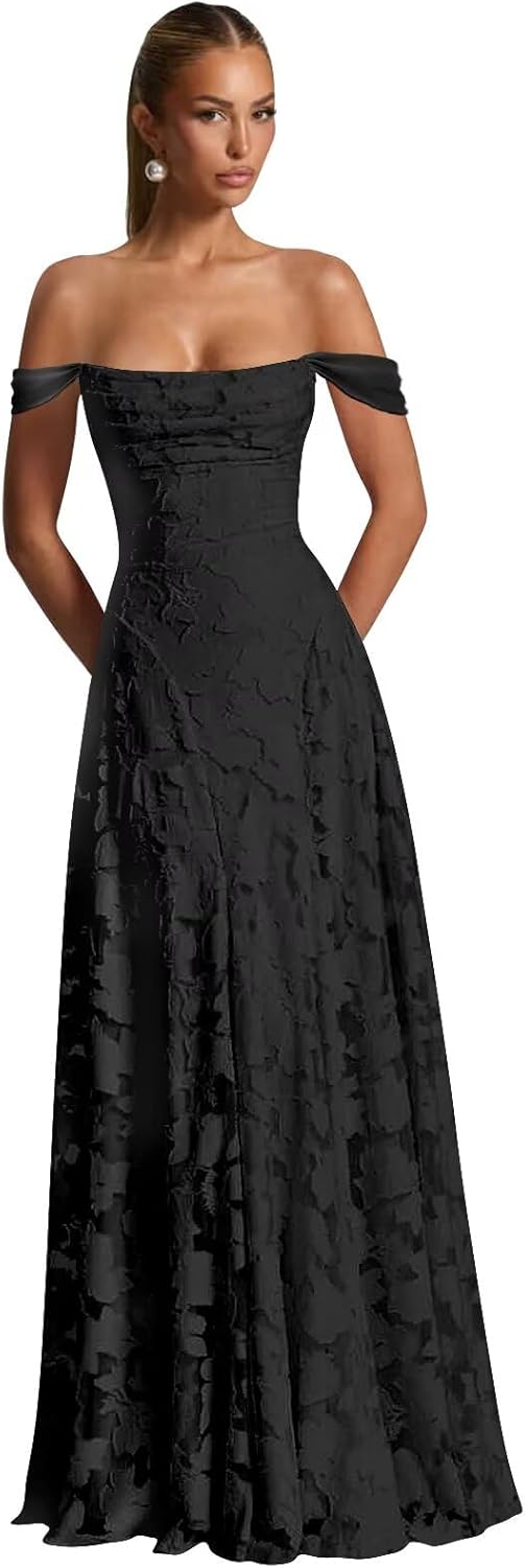 BOLENSYE Off The Shoulder Bridesmaid Dresses Long for Women Formal Evening Gown Lace Wedding Guest Dress