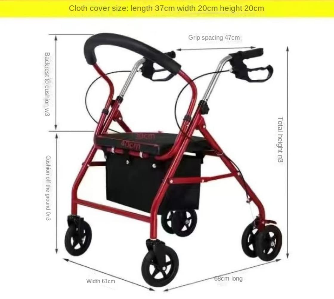 NOBRIM Walker składane regulowane ramiona do starszych przenośnych wózków z czterema kółkami mogą być pchane i siedzące, wspomagające mobilność, czerwone