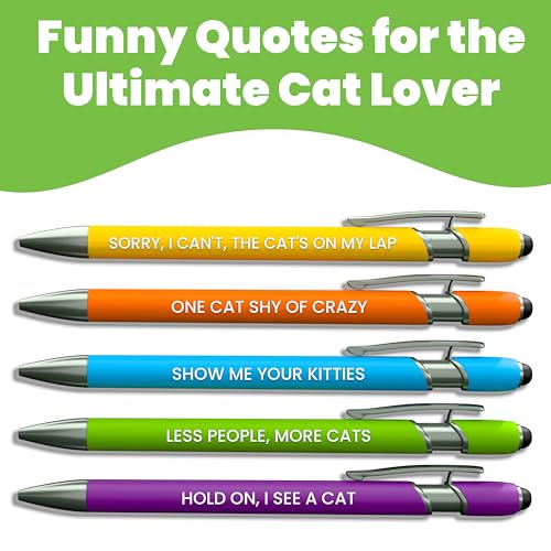 Image of rubyloo Funny Cat Lover Gift Pen Set - 5 Black Ink Ballpoint Pens with Stylus Tip & Metal Barrel with Kitty-Themed Quotes - Crazy Cat Mom Gifts for Women, Friends, Pet Owner, Coworker, Birthdays