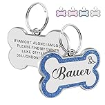 Dog Tags for Pets Engraved UK Personalised ID Tags for Dogs with Any Name & Text Dog Collar Glitter Bone Dog Tag Custom Stainless Steel Dog Name Tag for Puppy Pet Dogs (Blue S, Bone)