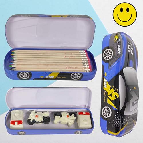 Image of ZAFCO Metal Car Pencil Box for Kids | Compass for Boys | Two in One Pen Box for Students | Car Geometry for School | Pencil Box for Boys | Birthday Return Gift 1 Unit (Blue-Twin)
