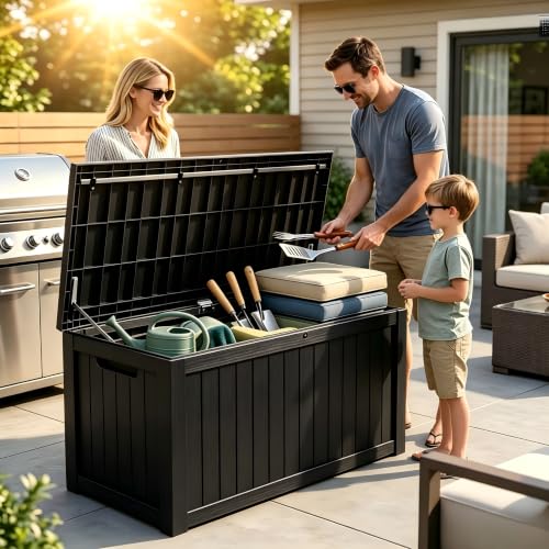 Image of 185 Gallon Deck Box Outdoor Storage, Weatherproof Resin Patio Container for Cushions Garden Tools Pool Accessories, Lockable Lid with Handles, Bench Seat for Yard Patio Garage