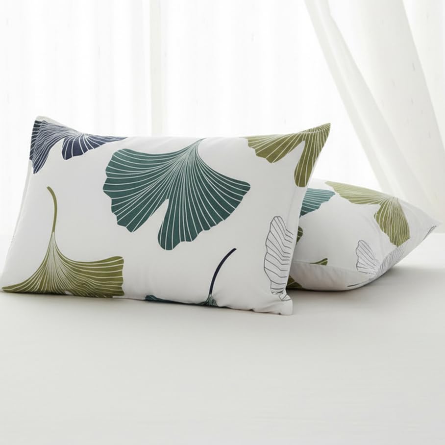 Image of HOMEMONDE Leaf Printed Pillow Covers - 210 TC Soft Luxurious Bedding Pillow Case (Blue & Green, 20 x 26 Inch (Pack of 2))
