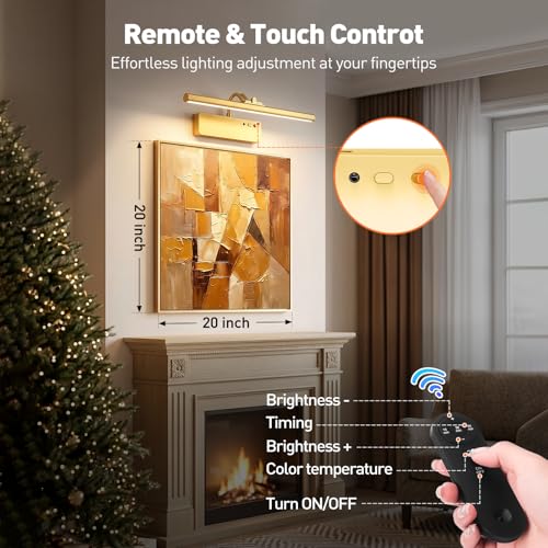 Picture Light, 15.35inch Wireless Picture Lights for Wall Rechargeable, 5400mAh Battery Wall Light with Remote, 3 Color Art Lighting for Paintings with Timer and Dimmable for Display, Gallery (Gold)