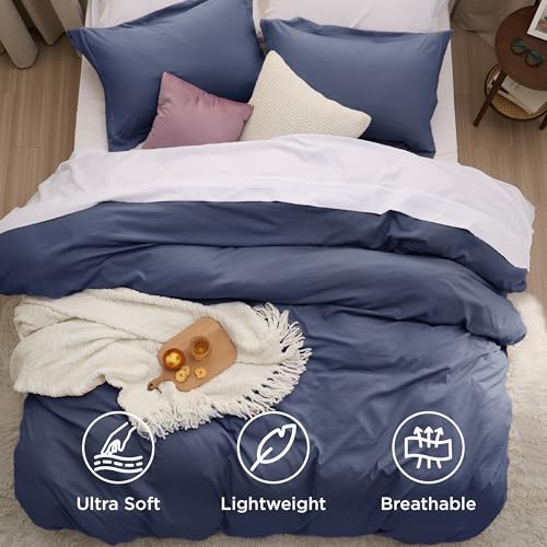 Image of Bedsure Navy Blue Duvet Covers Queen Size - Prewashed Cotton-Like Polyester Duvet Cover, Soft Queen Duvet Cover Set 3 Pieces with Zipper Closure, 1 Duvet Cover 90x90 inches and 2 Pillow Shams