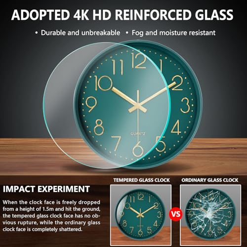 Image of Wall Clock, Silent Wall Clocks Battery Operated 10 Inch- Modern Non Ticking Analog Clock with Large Numerals Tempered Glass Clocks for Bedroom Living Room Kitchen Office Decor, Dark Green